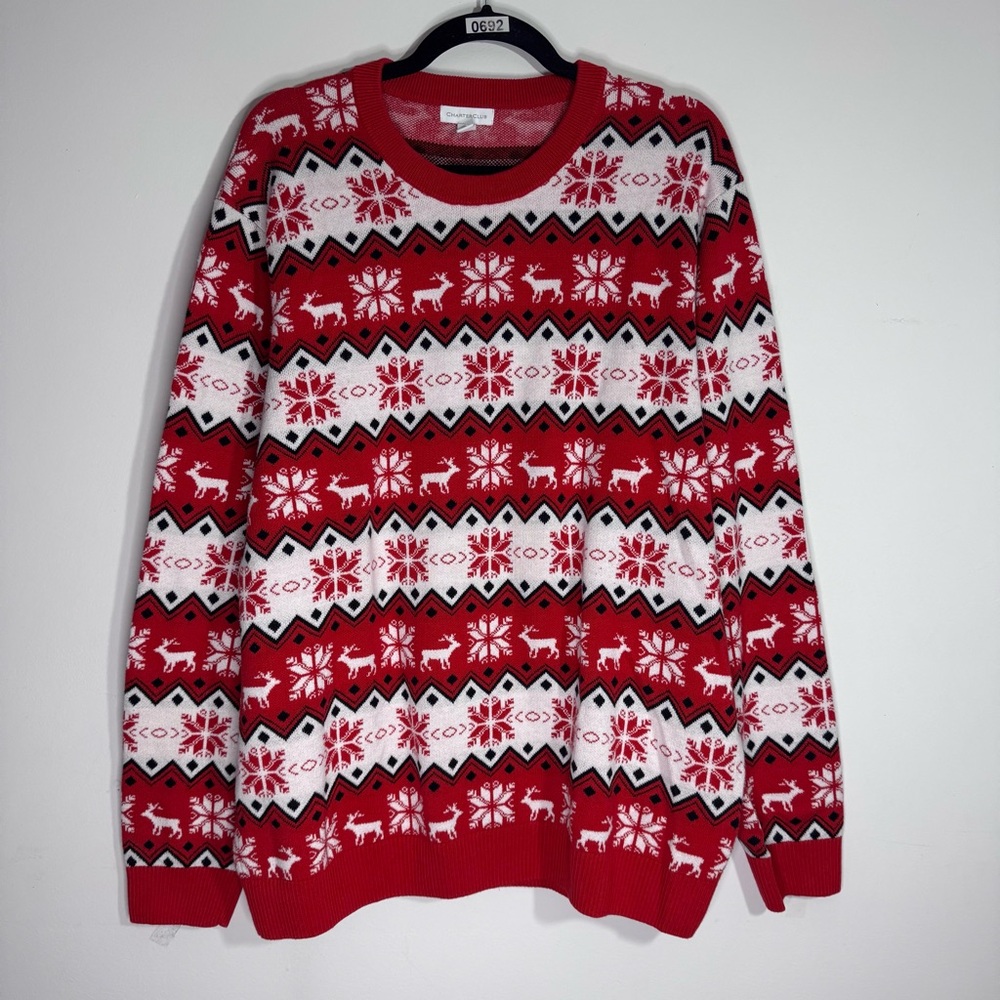 Charter Club Men’s XXL Christmas Sweater Fair Isle Reindeer Snowflake Red